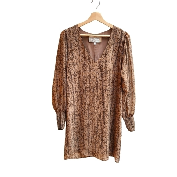 100% Silk Mini Dress with Sheer Sleeves, Brown, Vneck, Lined, Size Small - Picture 3 of 14